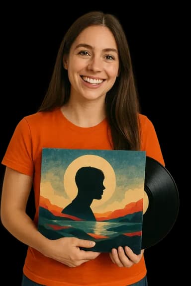 Une femme souriante tenant un disque vinyle.