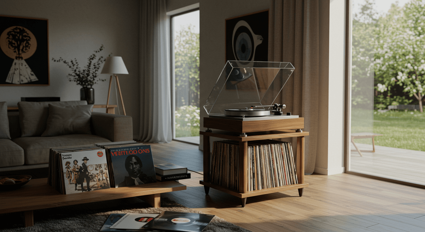 Un tourne-disque élégant avec un disque vinyle dessus au milieu d'un salon.
