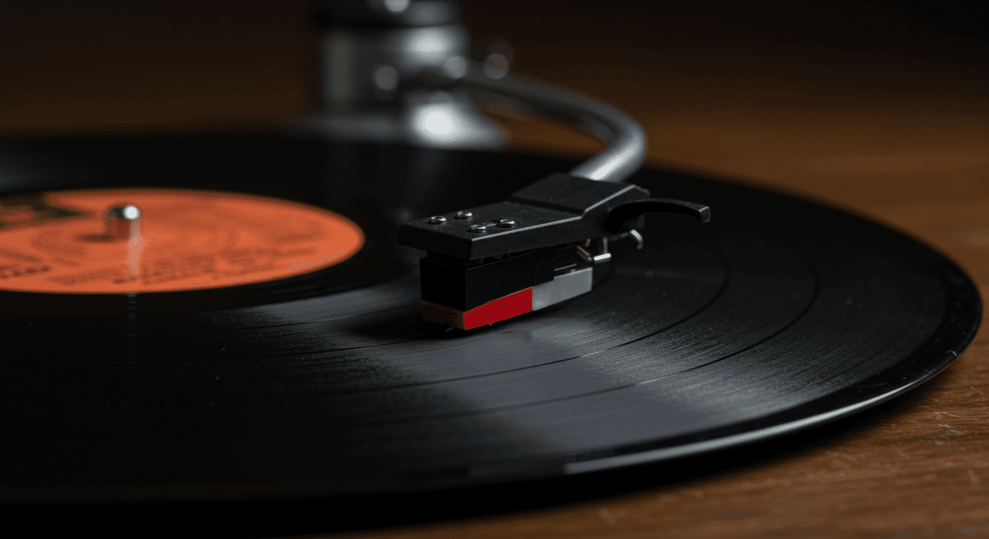 Un tourne-disque vintage jouant un disque vinyle classique, avec une atmosphère chaleureuse et nostalgique.