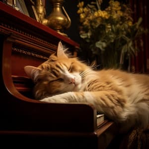 Siesta Cósmica Del Gato: El Piano Mece Bajo La Manta Estrellada Con Armonía Ronroneante - En el piano
