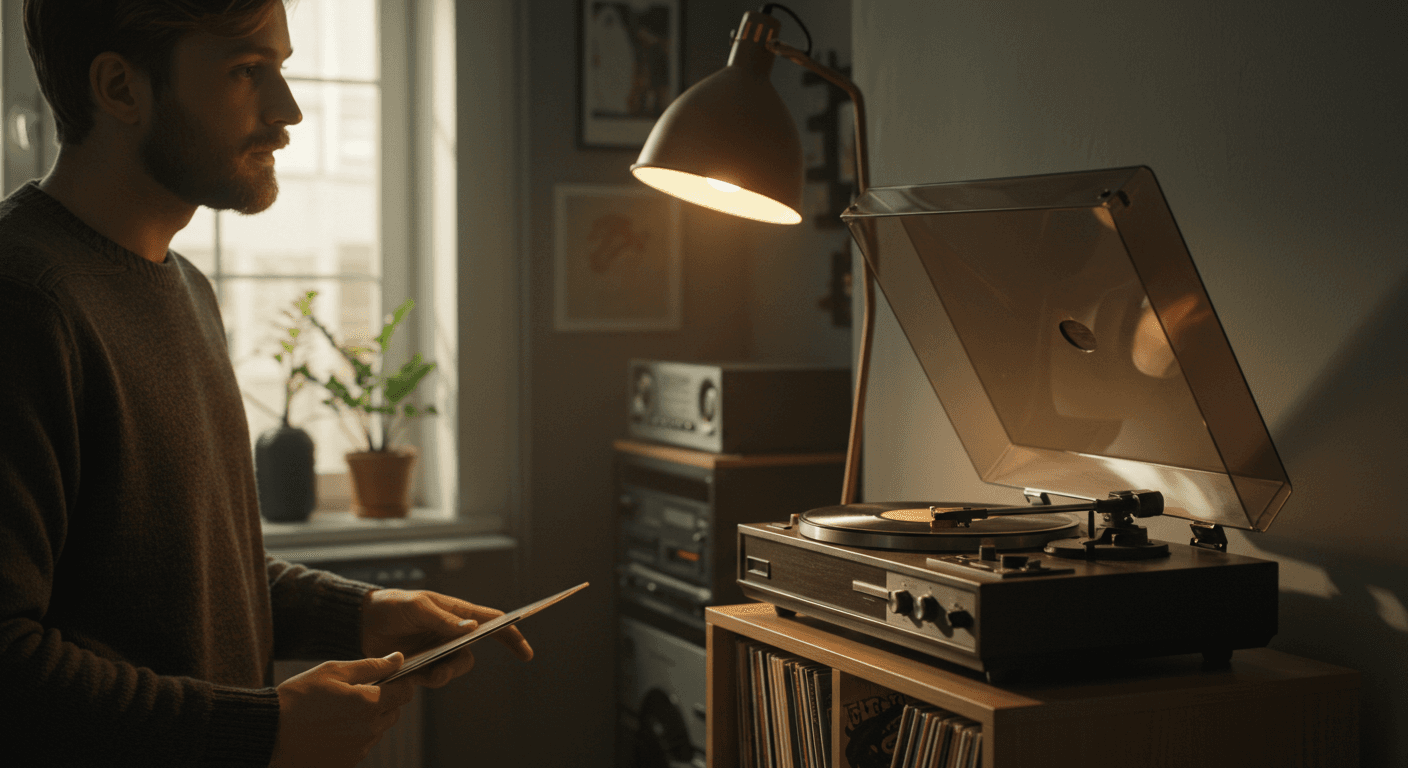 Une platine et une collection pour un débutant en vinyle, en plan rapproché. Quelqu'un admire.