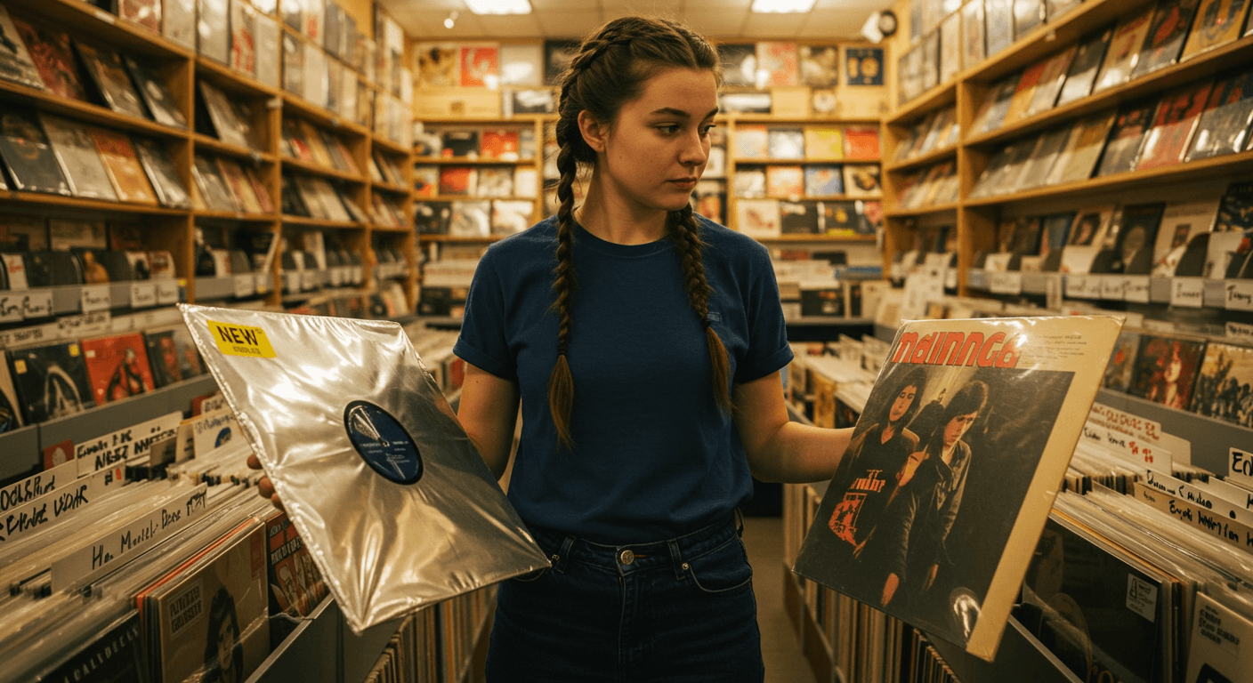 Personne hésitant entre un vinyle neuf en plastique et un vinyle d'occasion dans un magasin de disques.